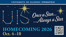 UIS Homecoming 2026 banner with star theme and QR code.