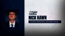 Nick Hawn, UIS Men's Basketball Assistant Coach, UIS logo, blue and white accents, Nick's headshot