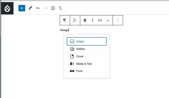 screenshot showing how to type "/image" in the editor to get an image block