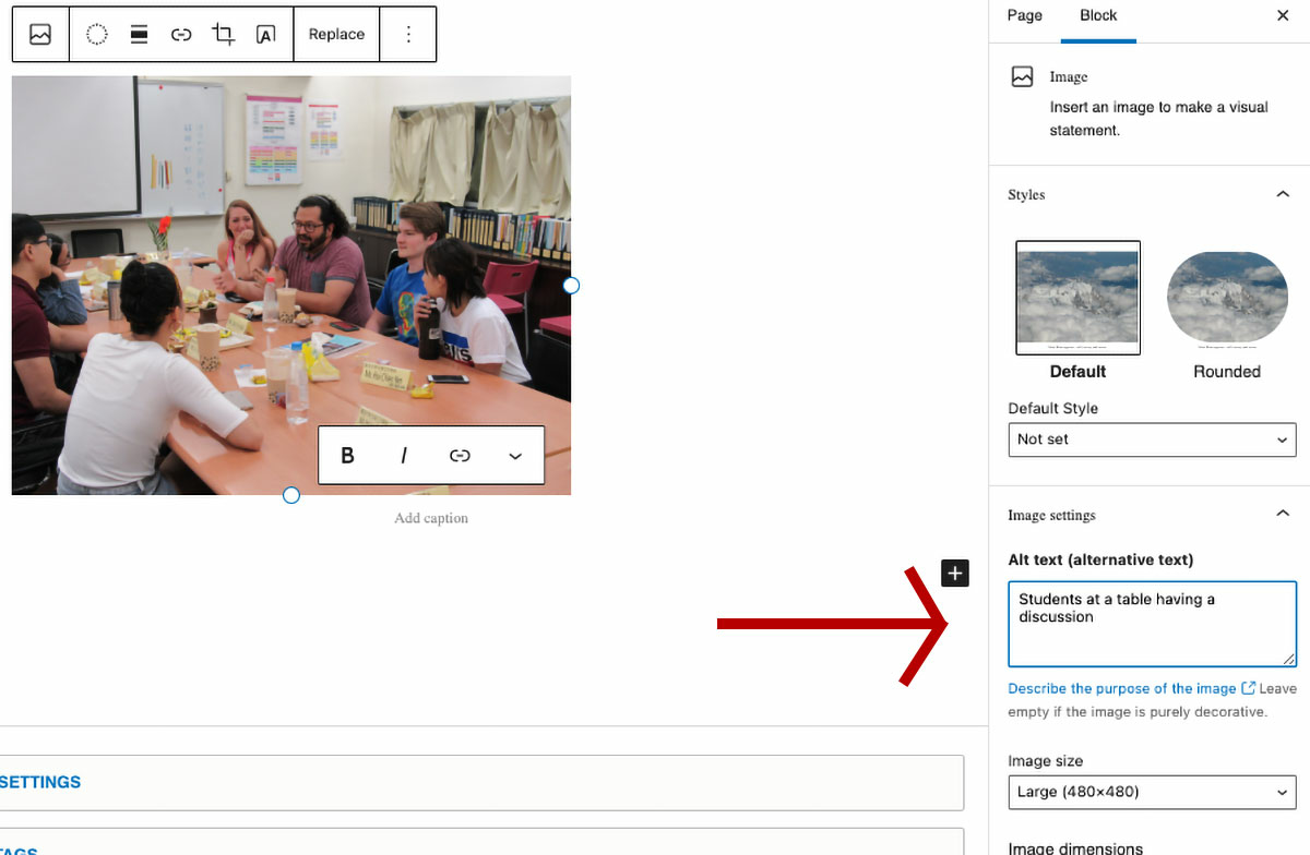 screenshot of the image block menu and where you can find where to enter alt text