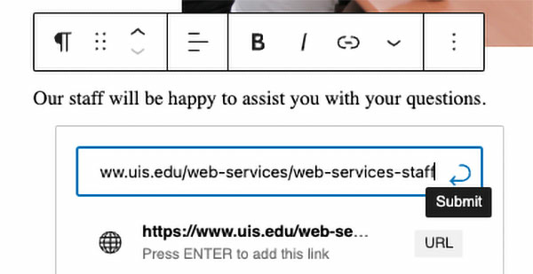 screenshot of where you enter the URL for a link and highlighting the Submit button