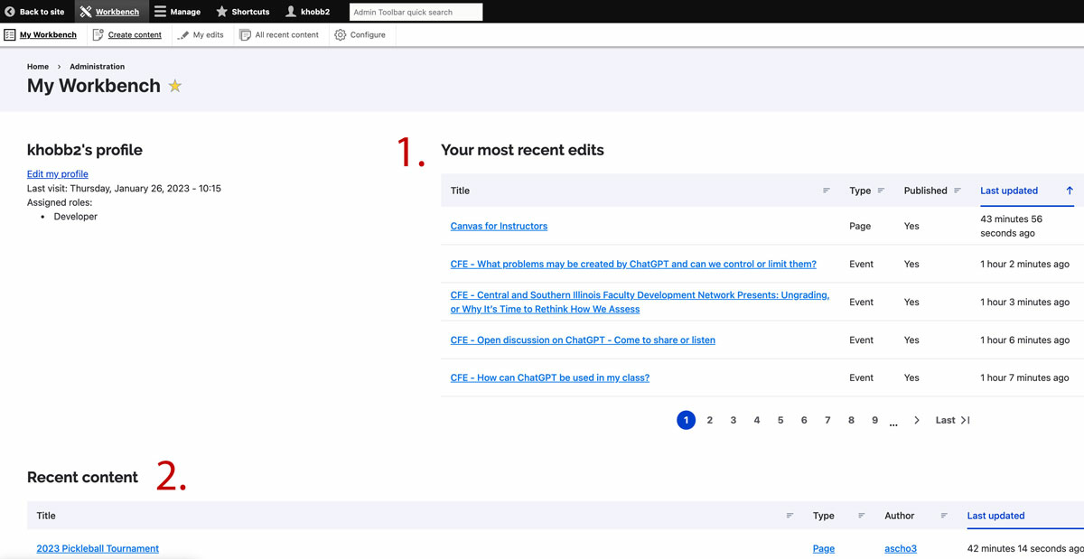 screenshot of the workbench page showing where recently edited content is