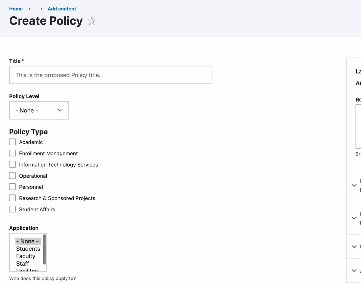 screenshot of the top of the policy editor page