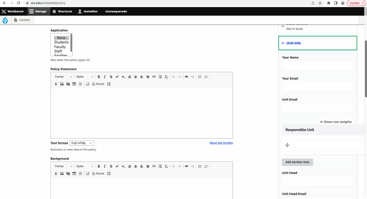 screenshot of the policy editor with the Unit Info tab on the right side selected