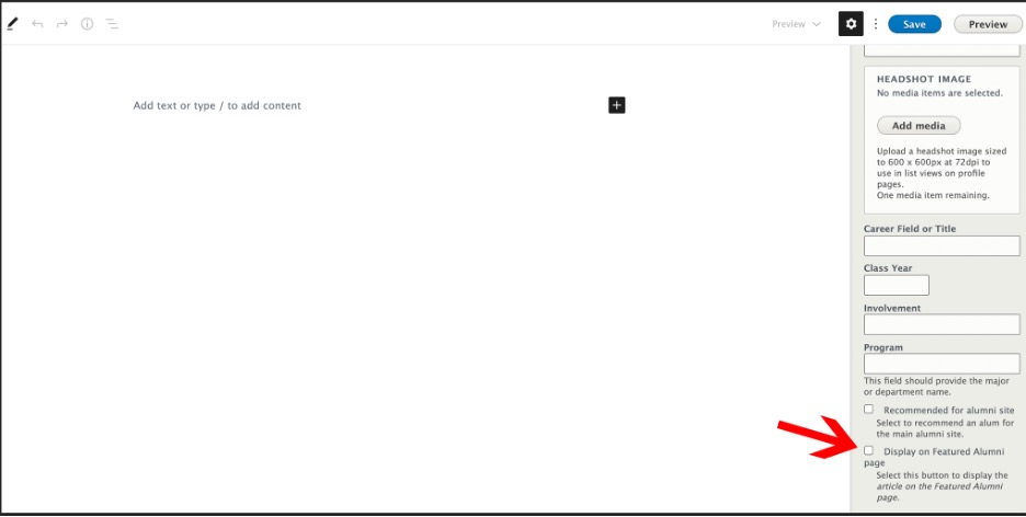 screenshot of where to find the display on featured alumni checkbox is in Profile Options