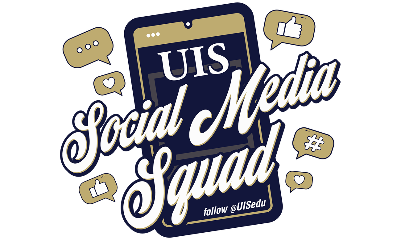 A smartphone illustration with "UIS Social Media Squad" in bold script. Surrounding icons include likes, hashtags, and speech bubbles