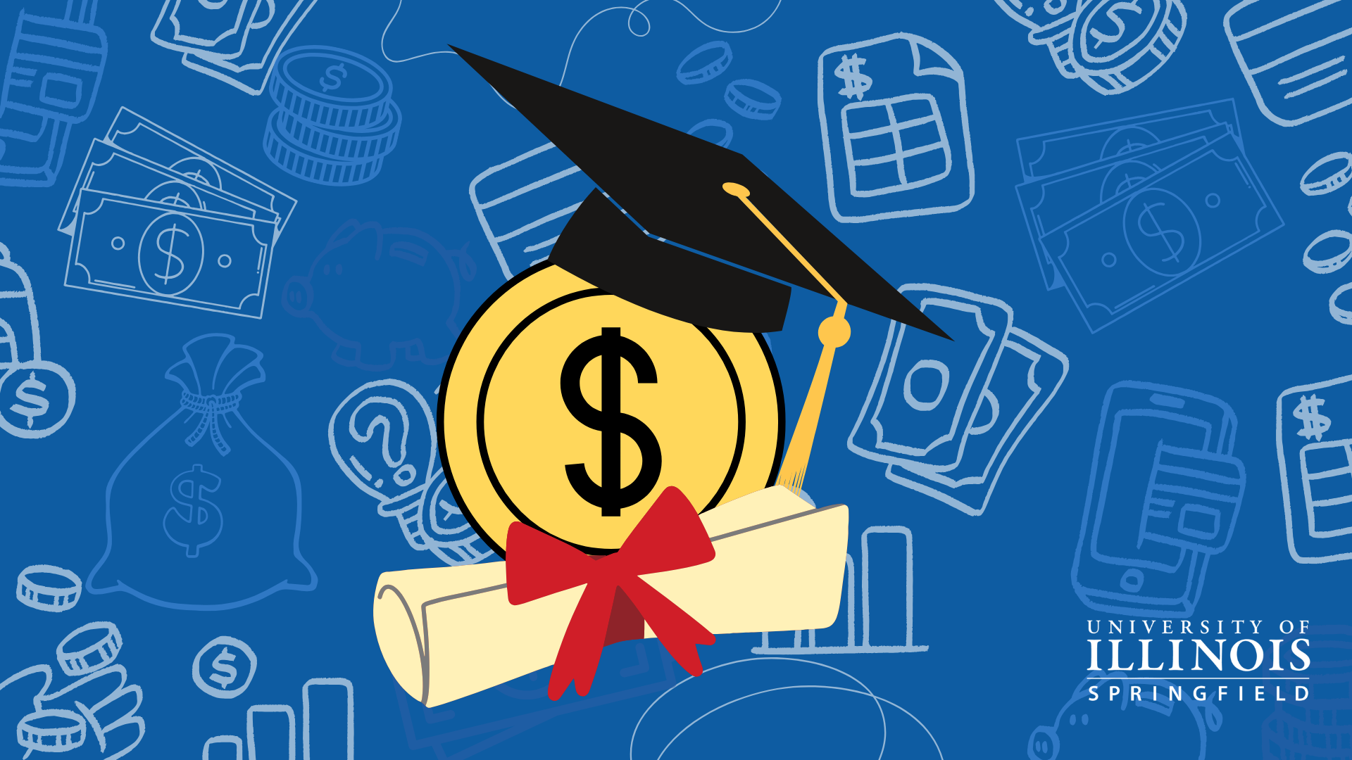 Graduation cap on dollar sign coin and diploma, blue background with financial icons.