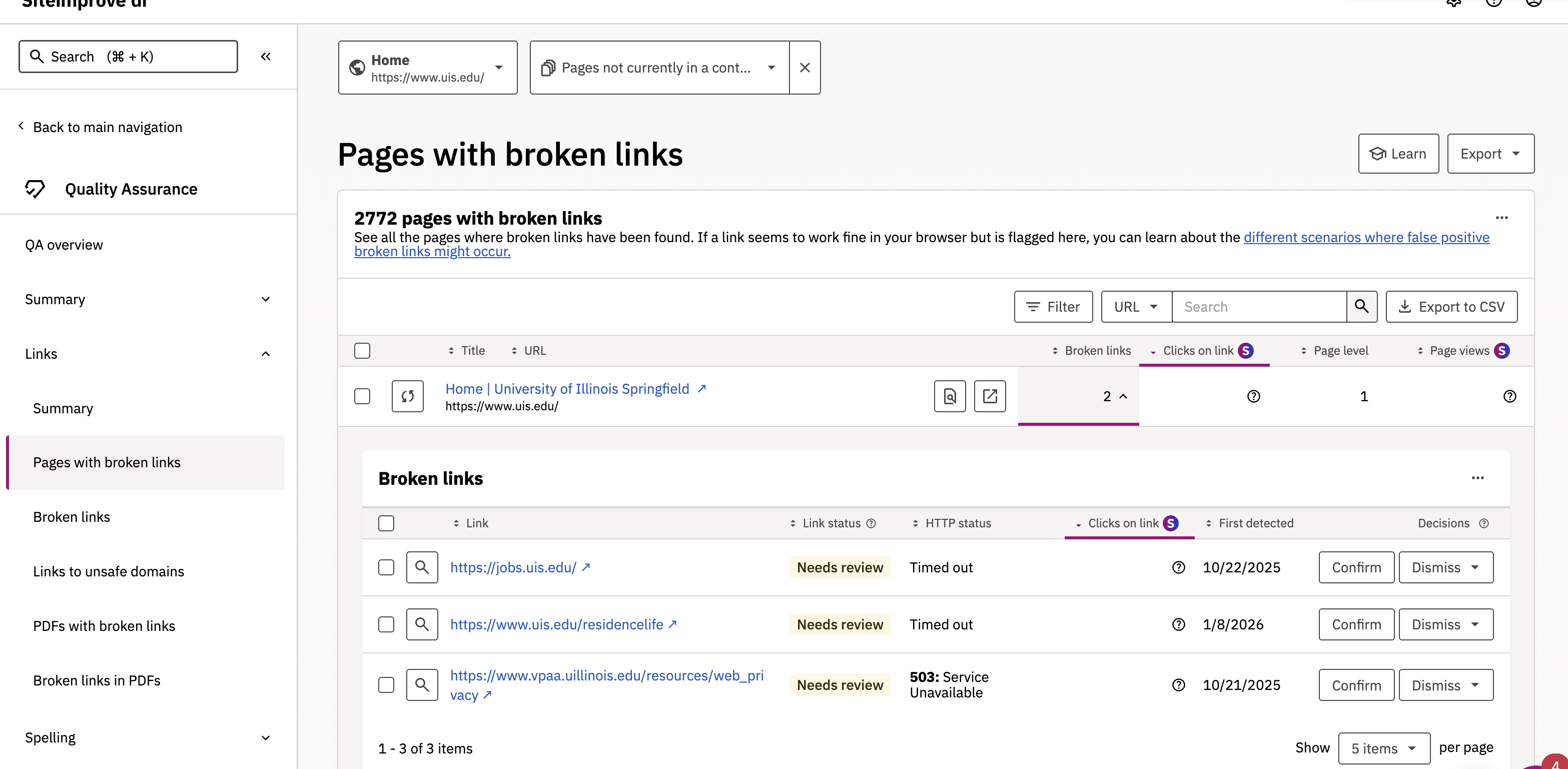 Screenshot of the Pages with Broken Links dashboard on Siteimprove