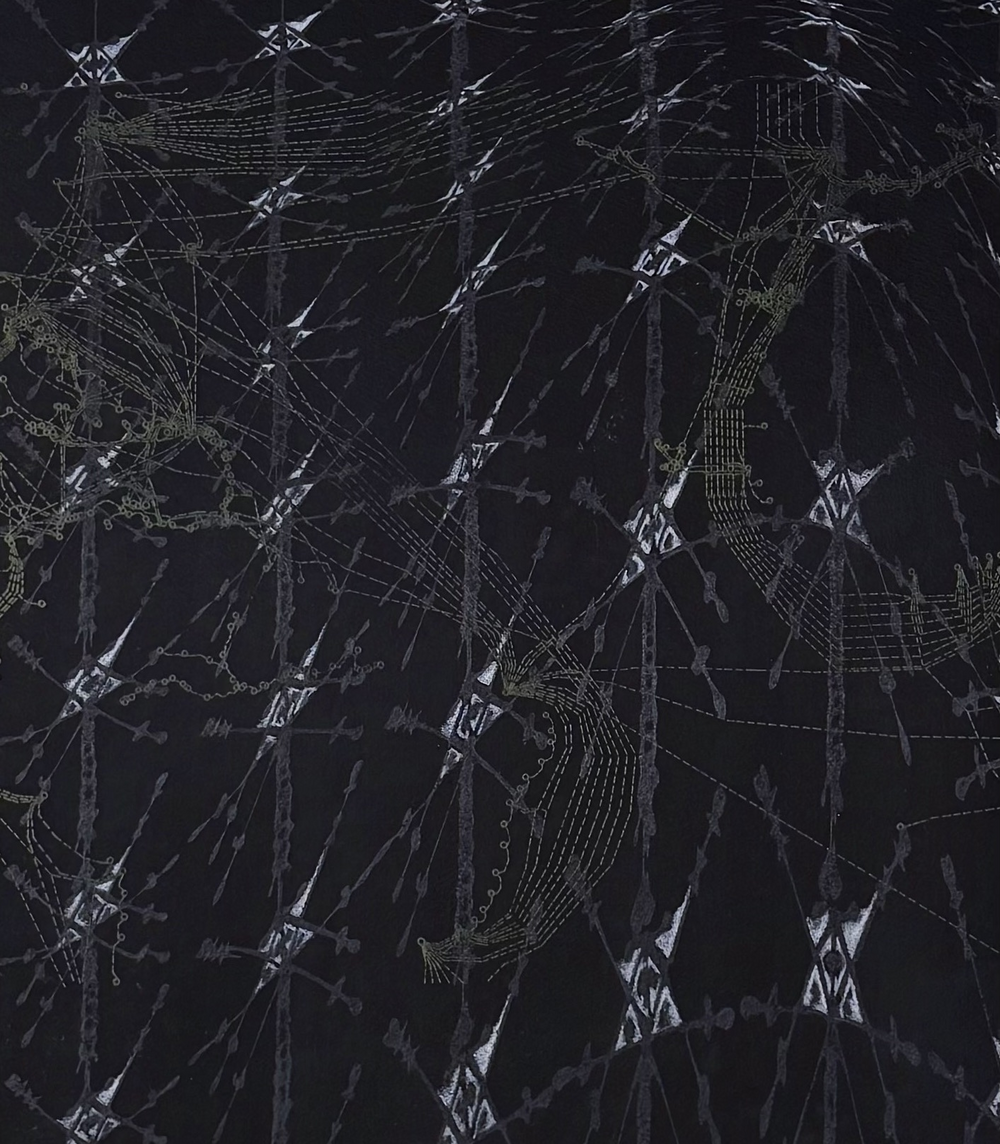 A dark background image featuring a complex, abstract pattern of intersecting lines and shapes. The image resembles stitching, wiring, or abstract calligraphy, creating a textured and intricate visual.