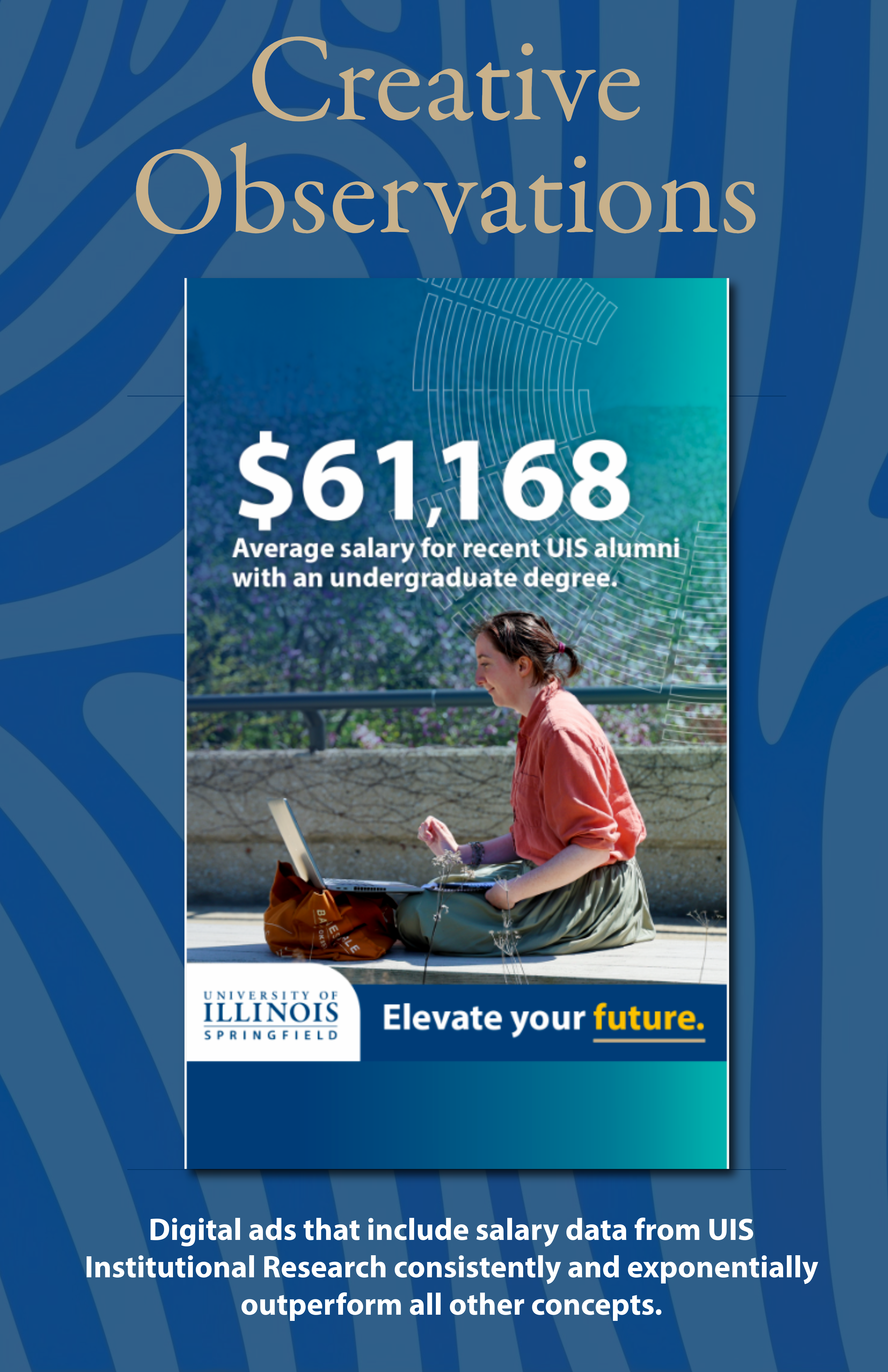 Snapchat/TikTok story showing a student outdoors with text: "$61,168 average salary for recent UIS undergraduate alumni.