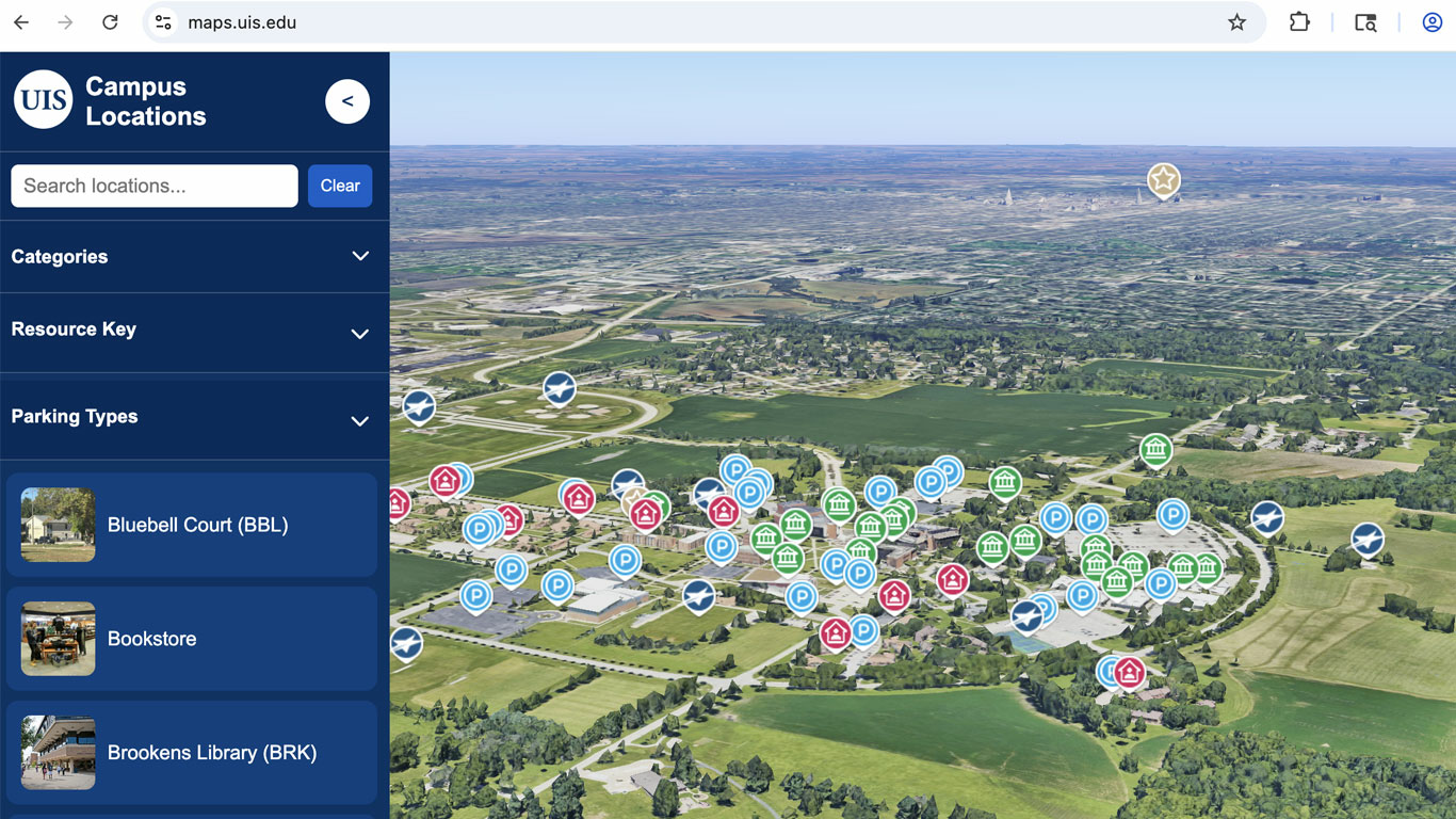 Interactive campus map with location markers across the UIS campus.