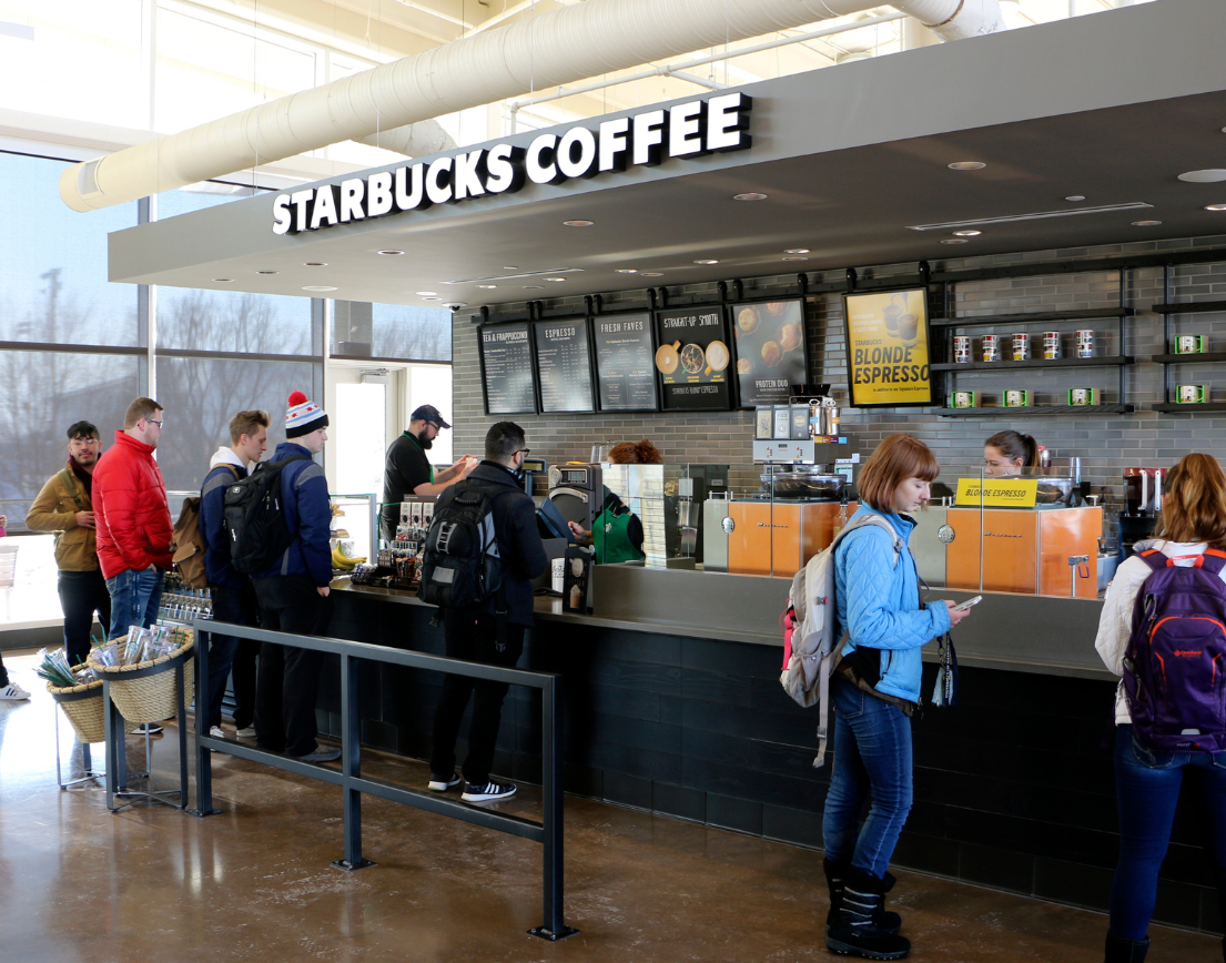 Students in line at Starbucks.