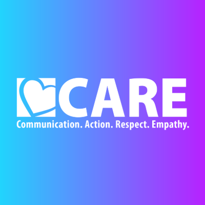 CARE logo with a heart icon, on blue to purple gradient background.