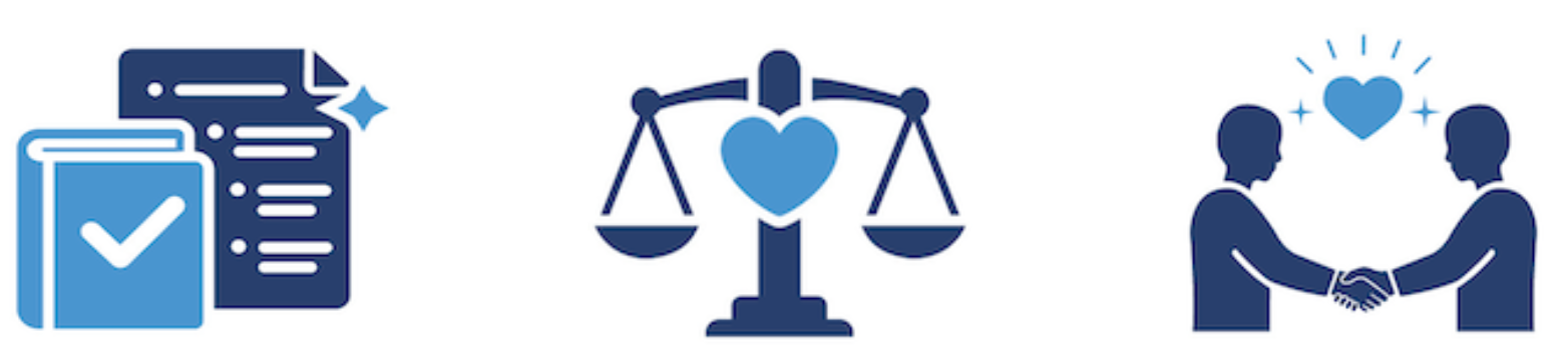 Three icons, representing pedagogical, ethical, and social emotional considerations