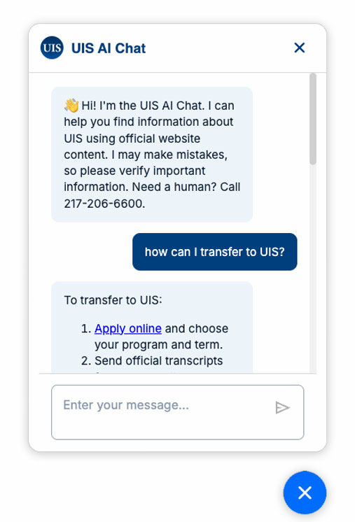 Chat interface with a conversation about transferring to US; includes links.