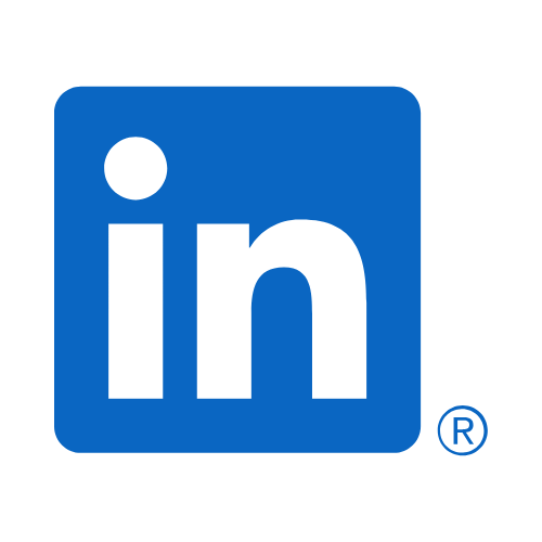 LinkedIn icon. Blue background with white text
