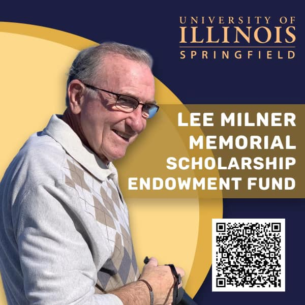 picture of Lee Millner with text "Lee Milner Memorial Scholarship Endowment Fund" with QR code to a link that is already linked on the page.