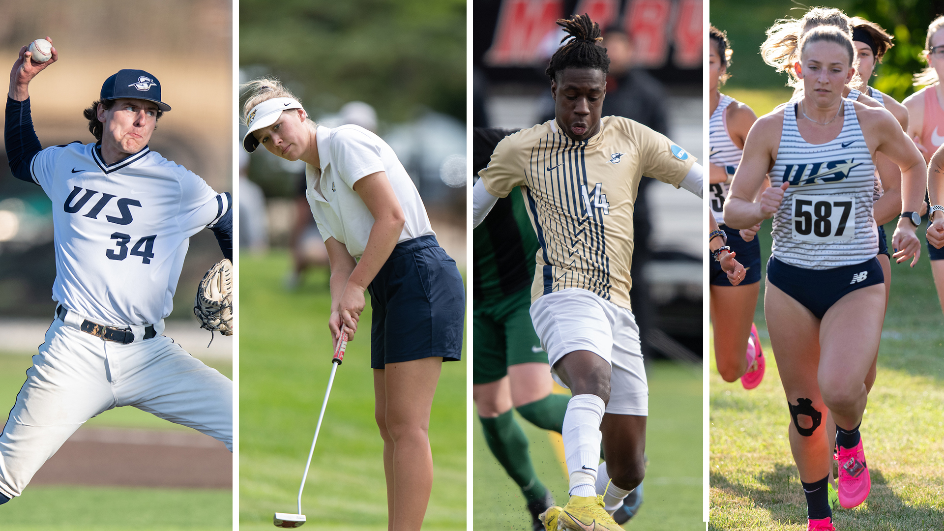 Photos of UIS students playing baseball, golf, soccer and cross country
