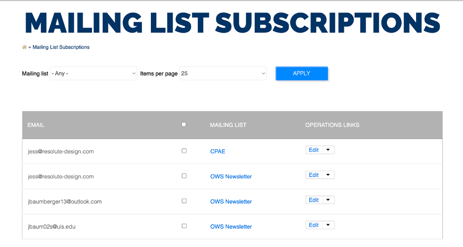 mailing list subscriptions screenshot