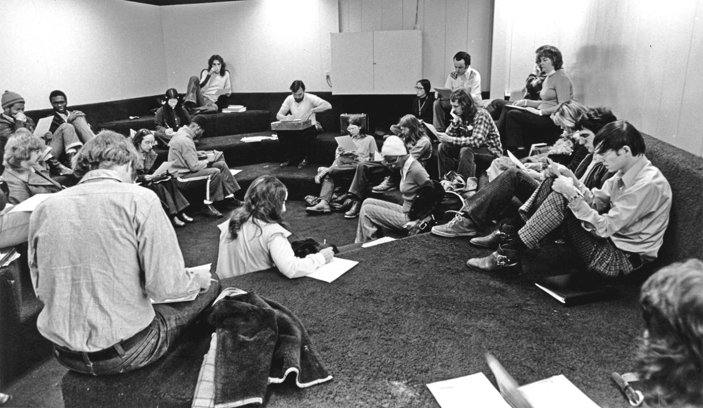 students using the famous common room, "the pit," at Sangamon State University