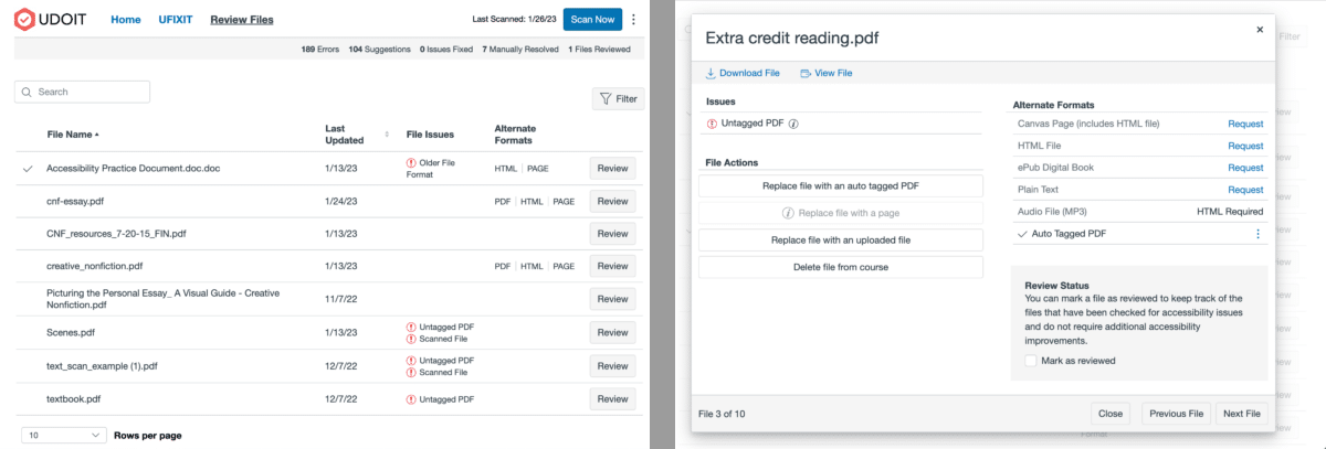 screenshot of UDOIT Review Files and alternative format tool