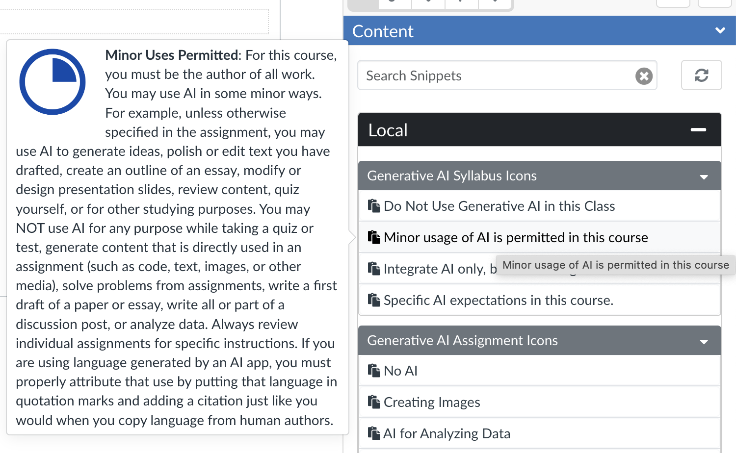 DesignPlus sidebar snippet menu with preview of generative AI guidance icons