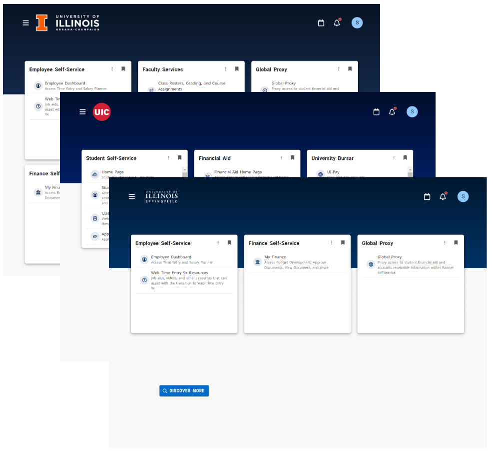 myUIconnect and Self-Service dashboards between UIUC, UIC, and UIS