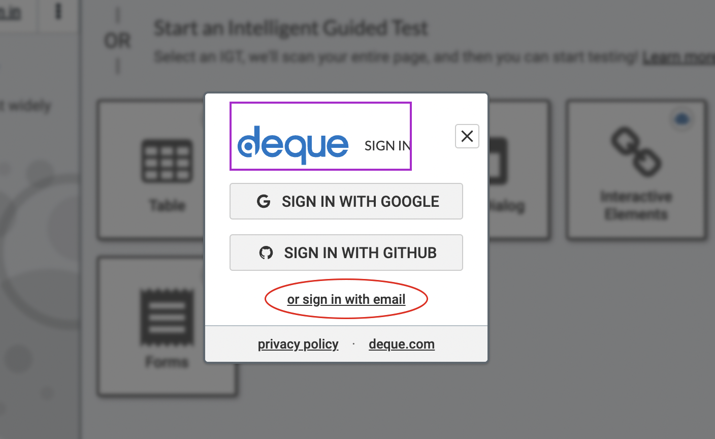 deque sign in screen for axe devtools