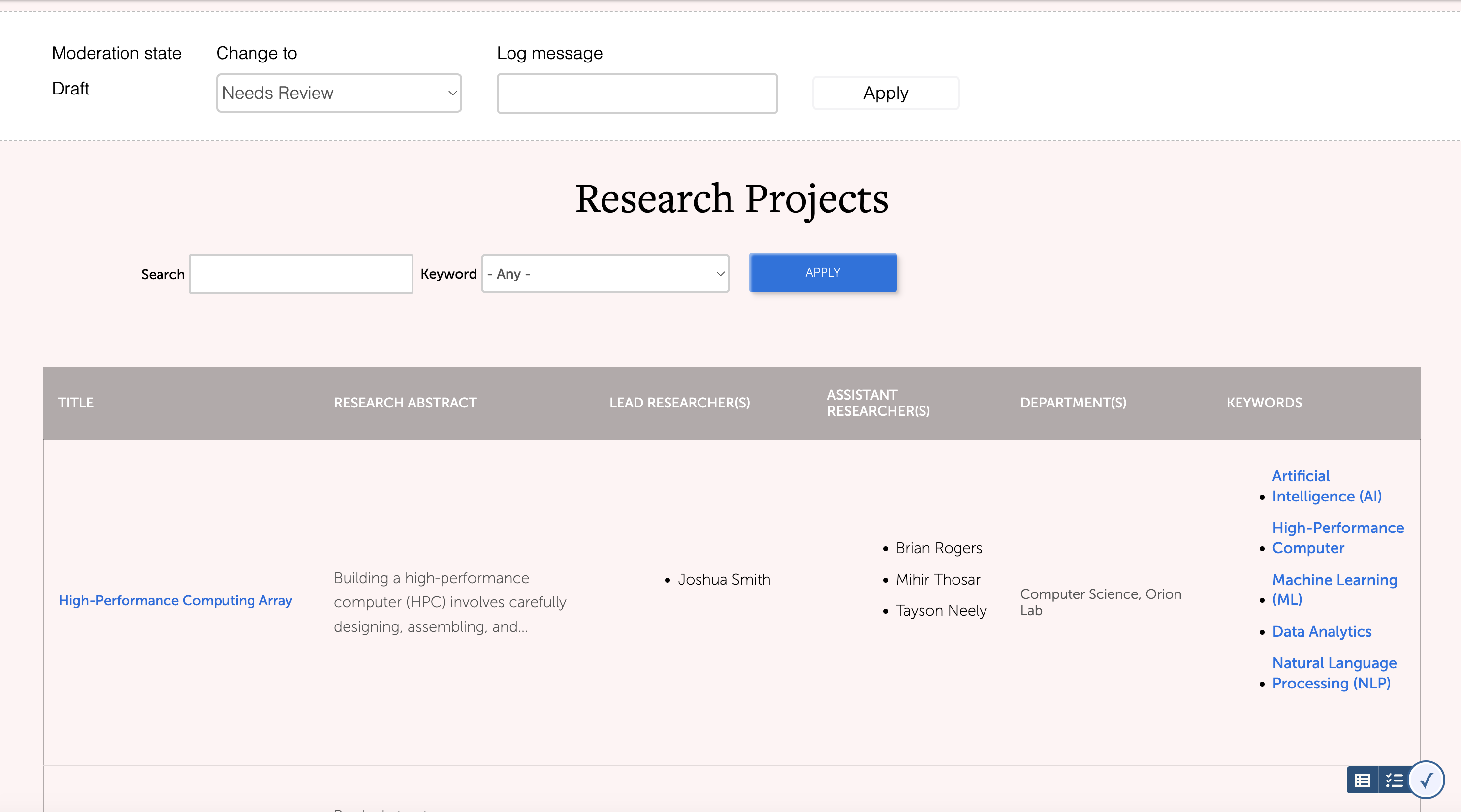 screenshot of draft view of page with content block