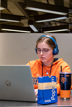 A student wearing headphones uses a laptop computer to study in Brookens Library.
