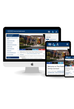 Responsive design of the Prairie Star Family Connect portal shown on desktop, tablet and mobile screens.