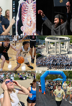 A collage of UIS students participating in academics, sports, graduation, a solar eclipse viewing, and campus events.