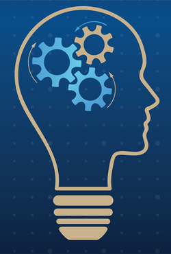 Profile of a lightbulb with gears inside symbolizing ideas and innovation on a blue background with subtle dots.