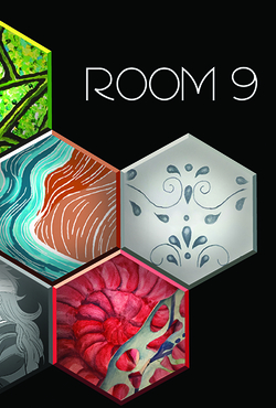 Hexagon art collage “ROOM” title text