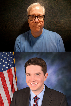Two portraits: one of a man in glasses and another of a man in a suit by a flag.
