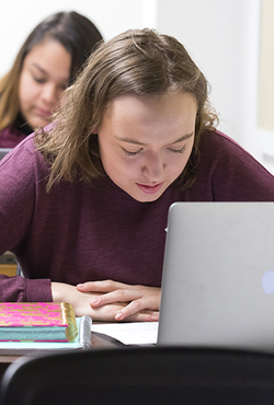 Students in a legal studies class at UIS listen to a lecture and take notes on their laptops.