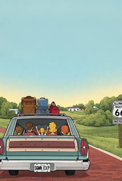 Station wagon with passengers on Route 66, luggage on roof, green landscape.