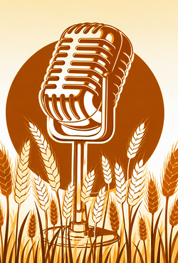 Retro microphone with wheat stalks, sepia-toned graphic.