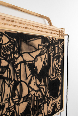 Abstract artwork with bold black lines on a textured surface.