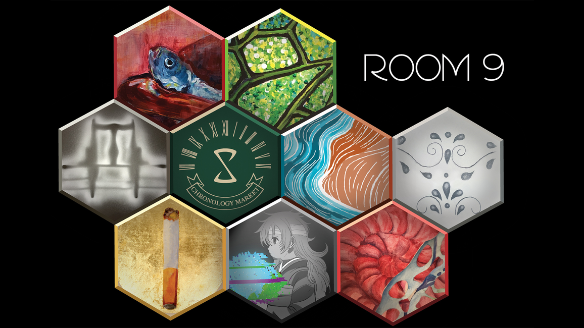 Nine hexagons featuring different images are stacked in three rows. Two in the top row, four in the middle row and three in the bottom row. The text “Room 9” is off to the right of the hexagons. 