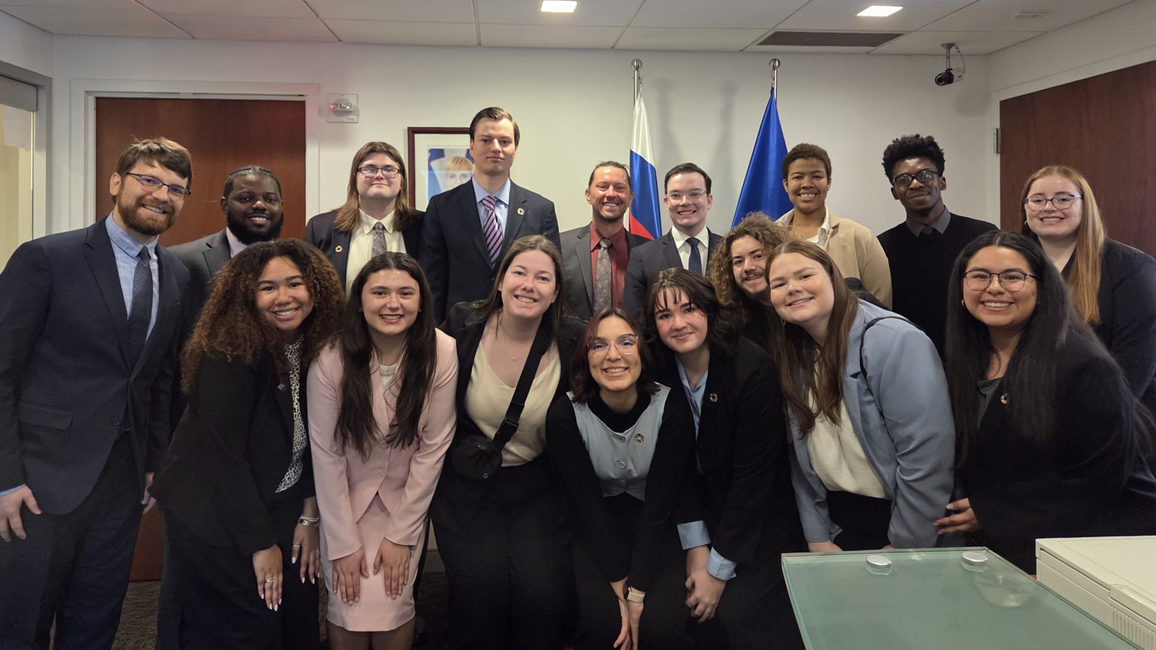 UIS students and faculty pose together at the 2025 Model United Nations Conference in New York City.