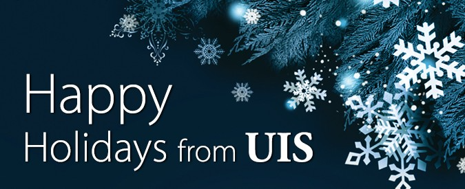 Dark holiday card with snowflakes and "Happy Holidays from UIS" text.