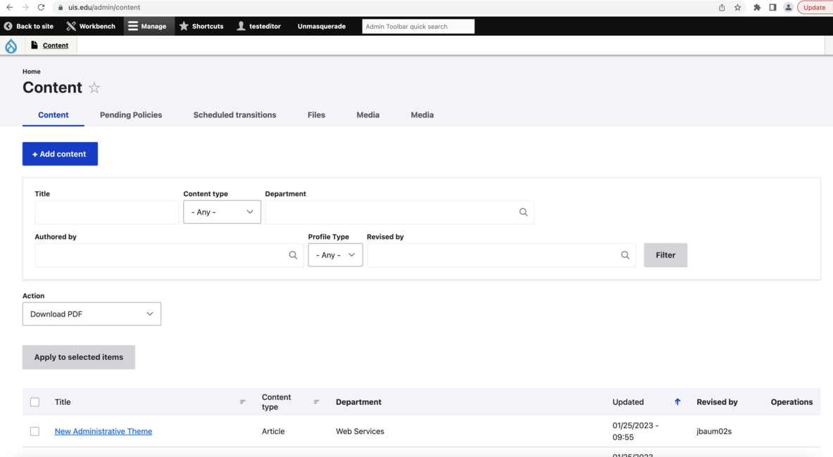 Content management system interface with search filters and a table of results.