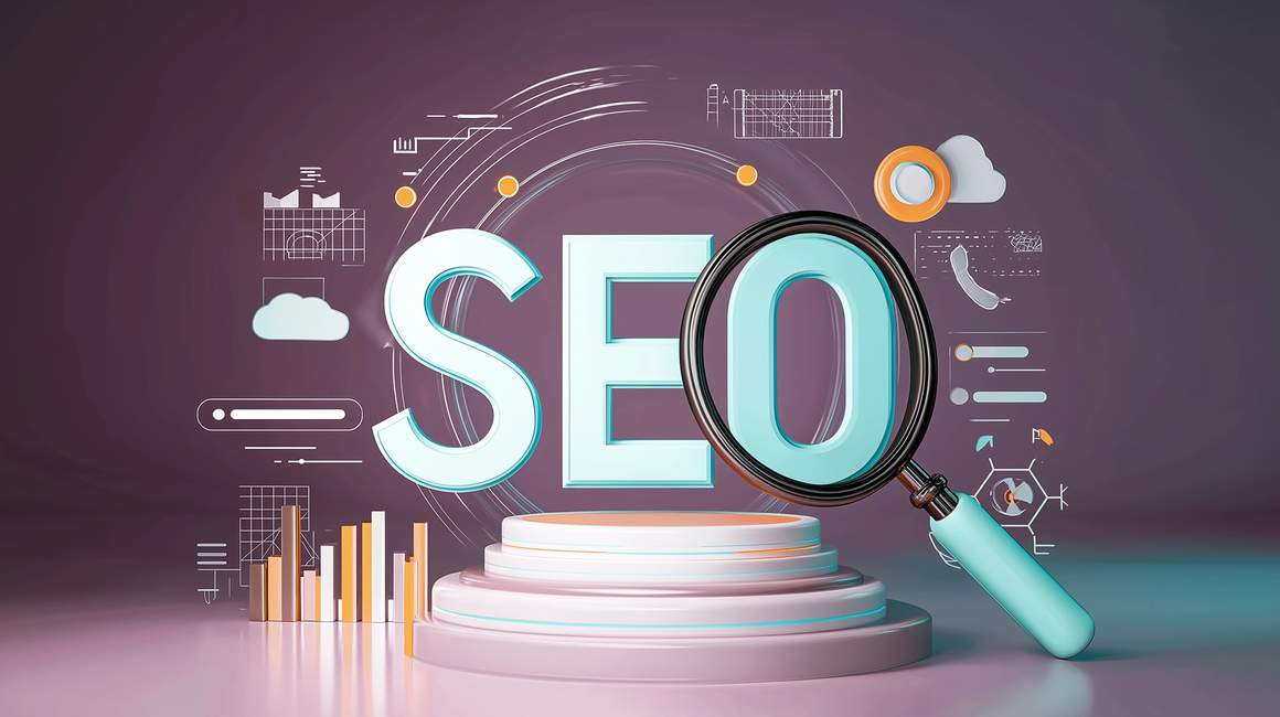 SEO text with a magnifying glass and digital graphs.