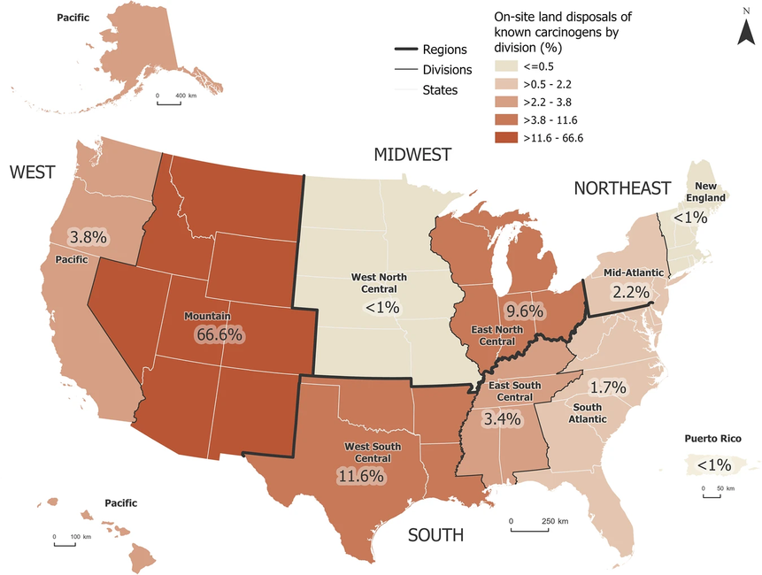 U.S. map showing on-site landfill disposal by region and division with varying percentages.