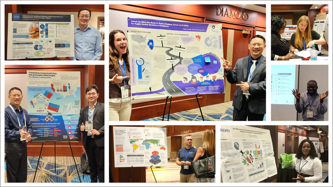 Collage of people presenting posters at a conference, smiling and gesturing.