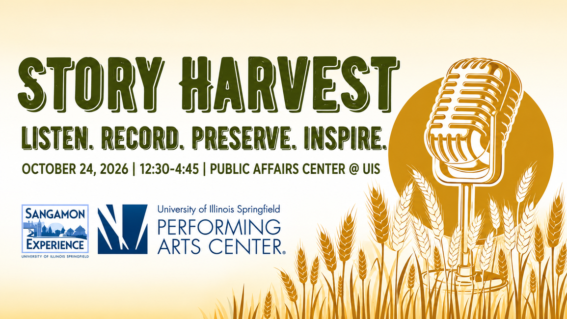 Story Harvest event poster with microphone and wheat graphics.