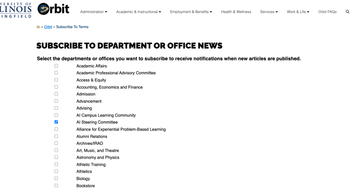 screenshot of subscribe to department news page