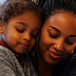 an adult sitting with a calmed down child in her lap