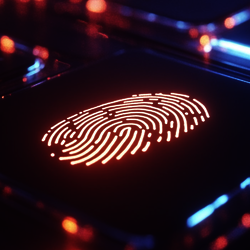 a glowing keyboard with a glowing fingerprint on one of the keys